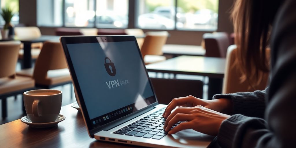 Laptop mit VPN-Anwendung in einem Café.