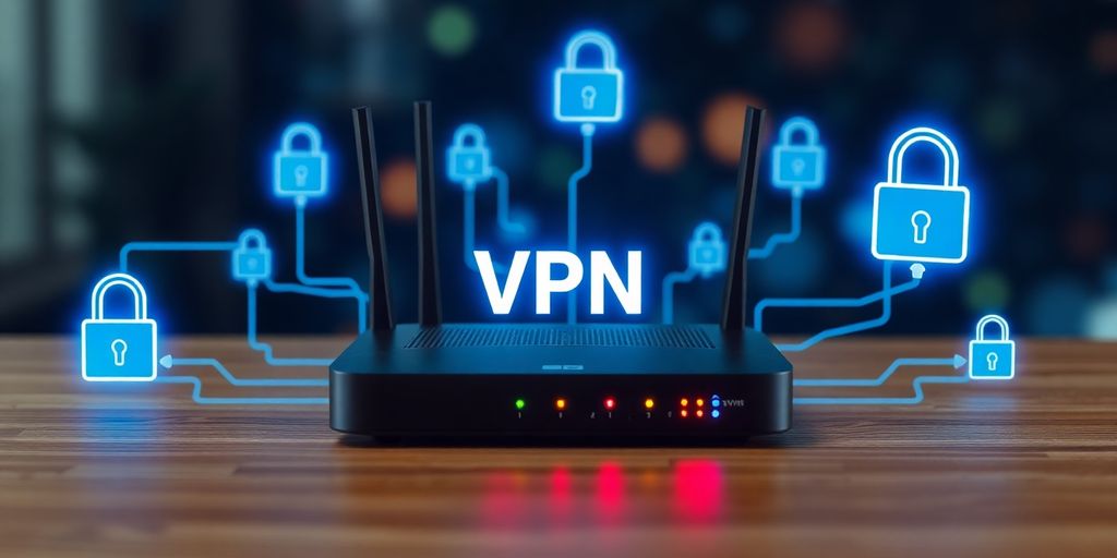 Router mit VPN-Symbolen für Sicherheit und Verbindung.