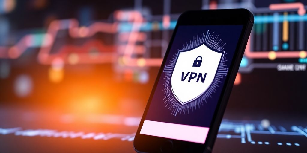 Smartphone mit VPN-Schnittstelle und digitalen Datenströmen.