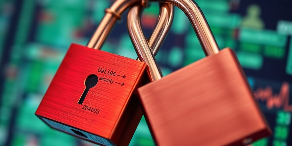 Zwei verbundene Schlösser auf verschwommenem digitalen Hintergrund.
