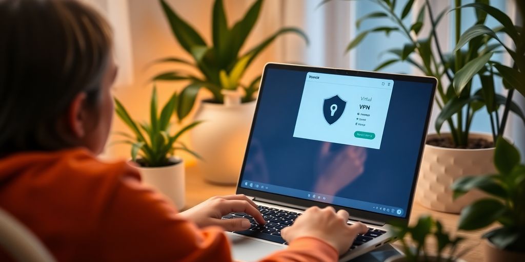 Person am Laptop mit VPN-Symbolen im Hintergrund.